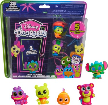 Just Play Disney Doorables Neon Glow Peek Figures, 5 Special Edition 1.5-Inch Collectible Figurines, Kids Toys For Ages 5 Up