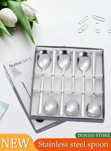 6 Pieces of Stainless steel soup spoon set, Korean style tableware tea spoon, mirror polished, thickened and easy to clean, suitable for household, commercial and restaurant use, 3.6 * 18.5cm,silver