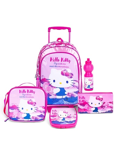 TRUCARE Sanrio Hello Kitty 5-in-1 Trolley School Bag Set - Ergonomic Backpack, Water Bottle, Lunch Box, Insulated Bag &amp; Pencil Case, Lightweight &amp; Durable, for Girls 6+, Perfect for School &amp; Travel