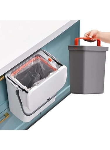 2 IN 1 Kitchen Trash Can With Slide Lid, Under Sink Garbage Can, 2.4 Gal Waste Bins With Inner Barrel, Portable Hang Trash Bin with Sticky Hook &amp; Scraper.White