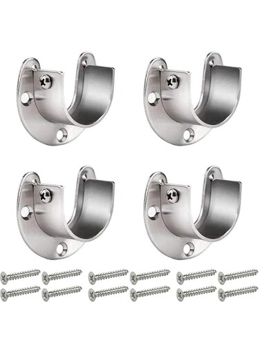 SWIUKPHE Closet Rod Bracket, 2 Sets Stainless Steel U Shaped Shower Curtain Rod Support Bracket Cabinet Rod Bracket Rod Socket Holder with Screw Wardrobe Rod Holder for 1 Inch Diameter Pole