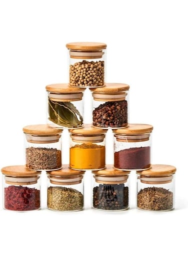 FUFU 12 Bottles Glass Jar Set, Extra Small Air Tight Canister Storage Containers with Natural Bamboo Lids and Chalkboard Labels for Kitchen Spices, Bathroom, Party Favors