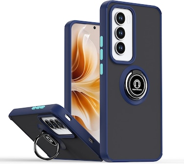 Oppo Reno12 Pro Case Flexible Silicone Protective Bumper,Camera Protection Translucent Shockproof Matte Back Cover with 360 rotational Ring Holder For Reno 12 Pro (Blue)