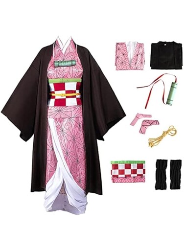 Nezuko Cosplay Costume Kimono for Adult Girls Robe Japanese Anime Costume Halloween Kimono Outfit With Bamboo Props Wig