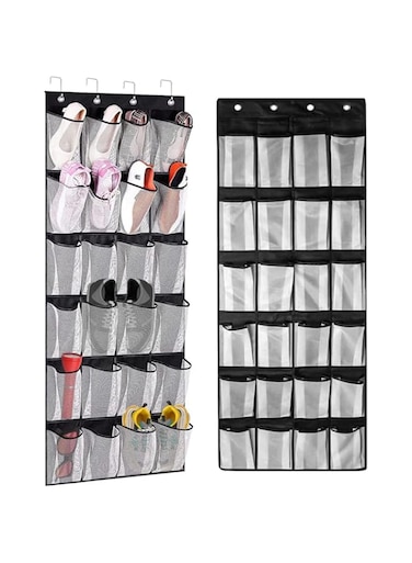 Azonee Over Door Shoe Storage with 24 Large Mesh Pockets for Shoes and Accessories, Includes 4 Heavy Duty Metal Hooks, Reversible Design for Easy Hanging, White and Black