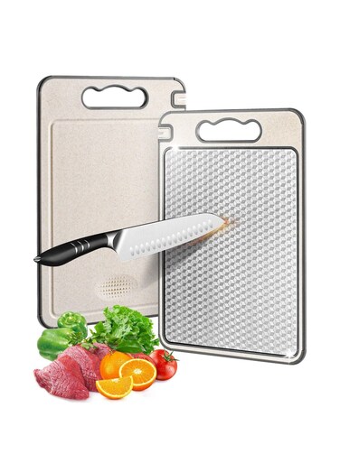 Cutting Board, Chopping Board with Sharpening Block,304 Stainless Steel Cutting Board for Meat,Cheese, Vegetable Fruit with Easy Grip Handle,Wheat straw pp,Non-Slip,Double-Side Using