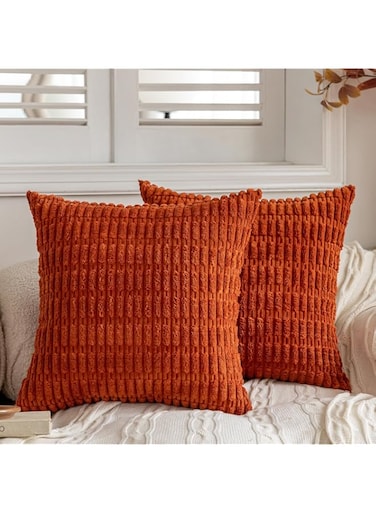 FEVERQIYI Pack of 2 Rust Corduroy Decorative Throw Pillow Covers for Couch Living Room 18x18 Inch Boho Home Decor Square Cushion Covers Soft Striped Farmhouse Corduroy Pillowcases