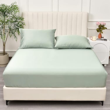 100% Rayon Derived from Bamboo Cooling Fitted Sheet in Queen Size (150cm x 200cm), 40cm Deep Pocket, 2.5cm Wider Strong Elastic, Silky Smooth, Sage Green