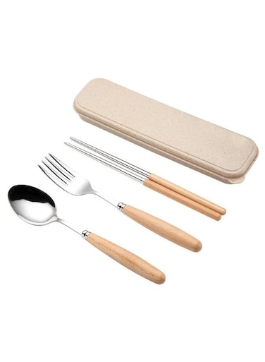 Wooden-Handled Stainless Steel Flatware Set with Case, Including Dinner Spoon, Fork, and Chopsticks
