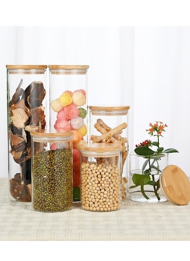 Sealed glass food storage jar 6-piece combination set - transparent glass container with sealed bamboo lid, stackable circular kitchen jar for sugar, tea, coffee beans, pasta