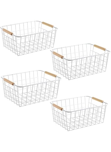 Westhood Metal Wire Food Storage Basket Organizer with Wooden Handles, Freezer Baskets Storage Bins Organizer for Kitchen Cabinets, Storage Organizer Basket, Pantry, Office, Bathroom (4)
