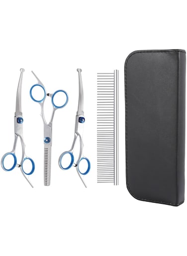 Dog Grooming Scissors, 1 Set 5 in 1 Dog Grooming Scissors Kit with Safety Round Tips Stainless Steel Professional Pet Grooming Shears for Dog Cat Sharp and Sturdy