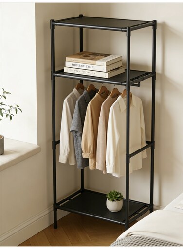 Black Freestanding Closet Organizer Coat Rack, Simple Clothes Storage Rack with Hanging Rod &amp; Storage Shelves, Large Capacity Clothes Hanger for Entryway, Bedroom &amp; Hallway