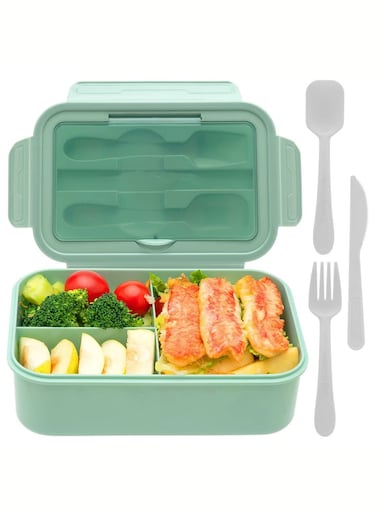 Bento Box For Adults Kids, 1400ML Lunch Container Bento Boxes With Built-in Utensil Set, Leakproof,Dishwasher Micro-Wave Safe(Green)