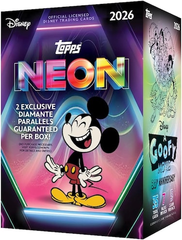 2026 Topps Disney Neon - Value Box contains 35 cards with two Base Card Diamante Parallel cards per box.