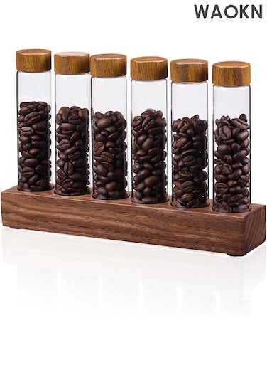 Walnut Coffee Bean Jars Set - 6 Solid Wood Single Dose Containers with 4.72in Glass Vials &amp; Airtight Lids - Barista-Grade Coffee Storage System with Wooden Display Stand - Perfect for Espresso, Home Brewing &amp; Gifts