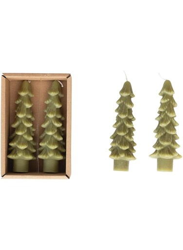 Creative Co-Op Unscented Tree Shaped Taper Candles, Cedar Green, Boxed Set Of 2