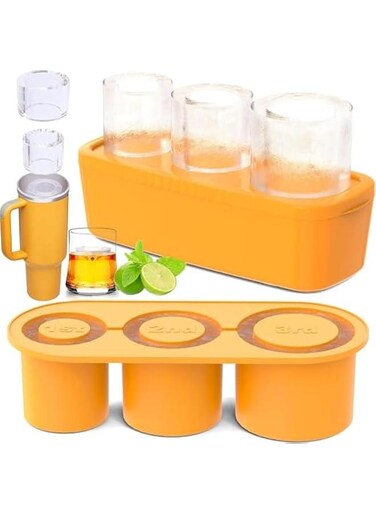 Ice Cube Tray for Tumbler Cup,3 Pcs Silicone Cylinder Ice Mold with Lid and Bin for Freezer,for Chilling Drink,Juice,Whiskey,Cocktail,Coffee,Easy Fill and Release Ice Maker,Summer Gifts (Yello