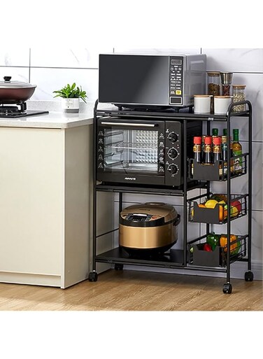 3-Tire Kitchen Baker's Rack Utility Microwave Oven Stand Storage Cart Workstation Shelf Corner Storage Shelf with 3 Mesh Baskets, Walnut Brown, 3-Tire