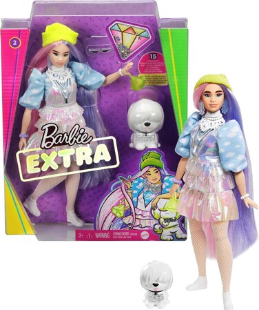 Barbie Extra Doll Beanie In Shimmery Look with Pet Puppy, Pink &amp; Purple Fantasy Hair, Layered Outfit &amp; Accessories Gvr05, White