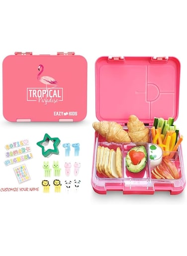 Eazy Kids Bento Lunch Box w/Sandwich Cutter Set, Microwave, dishwasher safe, Back to School, BPA Free, Durable, Leak Proof,Tiffin Flamingo Pink, 6 &amp; 4 Convertible Compartment