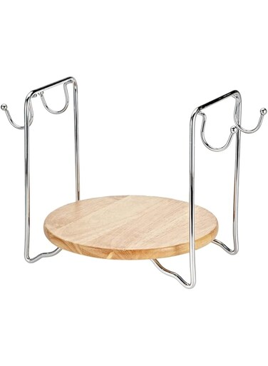 Harmony 19 cm Plate Holder With Wooden Base &amp; Hook For Holding Cups,Silver