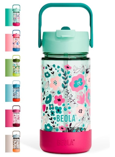 500ml Kids Water Bottle with Straw Lid and Silicone Protective Boot, Tritan Plastic, BPA BPS FREE Leak Proof and Drop Resistant Kids Water Bottles for School (Ever Blooming)
