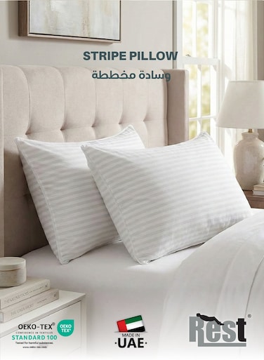 Extra Smooth Stripe Pillow Standard Size 50x70cm /20''x 28'' Light Weight White Back Sleeper Hotel Quality Pillow, Pack of 2