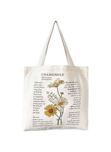 Wisfunlly Flowers Canvas Tote Bag, Canvas Tote Bag, Cute Wildflower Botanical Tote Bags, Reusable Grocery Shopping Cloth Bag, Washable Flower Cute Tote Bags, for Shopping, Grocery, School, Gym