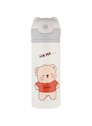 KASTWAVE Kids Vacuum Insulated Water Bottle with Straw, 15 Ounce Leak-Proof Stainless Steel Thermos, Cute Little Bear Design for Hot and Cold Drinks, Easy to Carry for Outdoor Travel (White)