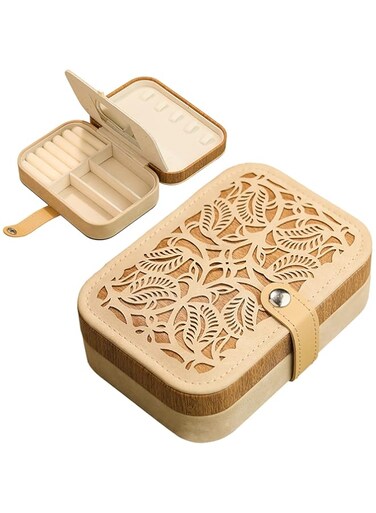 MOTIM Luxury Jewelry Box Organizer Leather Suede Laser Flower Embossment Rectangular Jewelry Case with Mirror Large Storage Box Display Holder for Earrings Rings Bracelets (Brown)