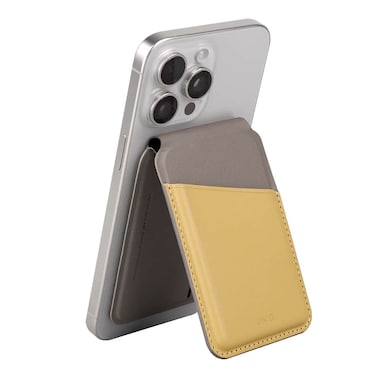 حامل البطاقة المغناطيسية UNIQ Lyden Cyelfgry RFID مع حامل ومحفظة مغناطيسية لهاتف iPhone 12/13/14/15 - أصفر كناري / رمادي فلينت