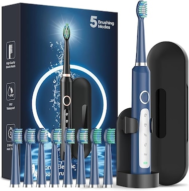 Rtauys M5 Sonic Electric Toothbrush for Adults and Kids - Rechargeable Electric Toothbrush Kids Ages 12+ and Adults with 8 Brush Heads &amp; Travel Case, 120 Days Battery Life - blue
