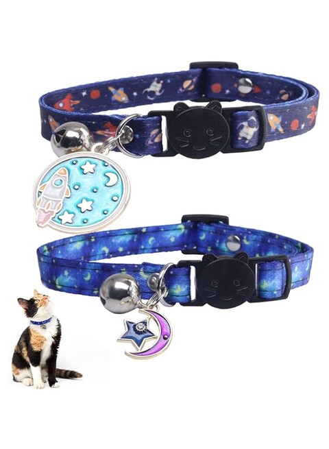 2Pcs Breakaway Cat Collars, Cotton Breakaway Cat Collar with Bell, Blue Moon and Stars Pendant, Adjustable Safe Buckle Collar, Cute Cat Collar Kitten Collar, Ideal for Girl Cats Boy Cats, Purple