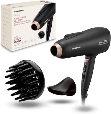 Panasonic 2300W Ionic Hair Dryer with Diffuser &amp; Air Boost, Heat Protection Mode, Professional Fast Drying &amp; Smooth Finish, Cool shot, Styling Nozzle, Foldable Handle, EH-NE86, Black