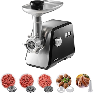 Panasonic 2000W Powerful Meat Grinder, 3.4Kg mincing/min, Durable Die-Cast Aluminium Hopper Plate, 3 Cutting Plates, Sausage &amp; Kubbe Attachment,Cleaning Brush, Made in Japan Blade - MK-GX2010KTZ