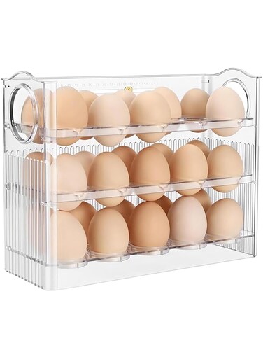 MJRlrifa, Egg Organizer for Refrigerator Door, 30 Egg Storage Boxes, Large Capacity and Space Saving Egg Refrigerator Organizer (Clear)