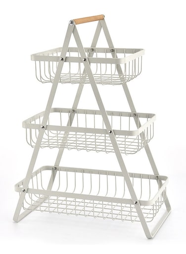 Fruit Basket for Kitchen Countertop 2 Tier Portable Metal Wire Storage Rack with Wooden Handle Detachable Rectangle Basket for Kitchen Organizer Storage Bread Snacks Fruits 3 Layer White.