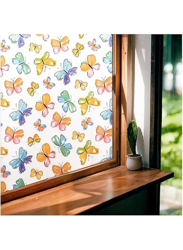 Excefore Window Film Privacy Frosted Decorative Colorful Removable No-Adhesive 3D Glass Window Sticker Butterfly Stained Glass Film for Home Office Kids Study Meeting Room(50x 200cm)