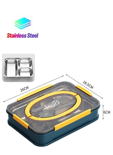 Stainless Steel Bento Lunch Box for Office Staff with Cutlery - Blue and Yellow, Adult Separated Compartments - 28*28*28cm