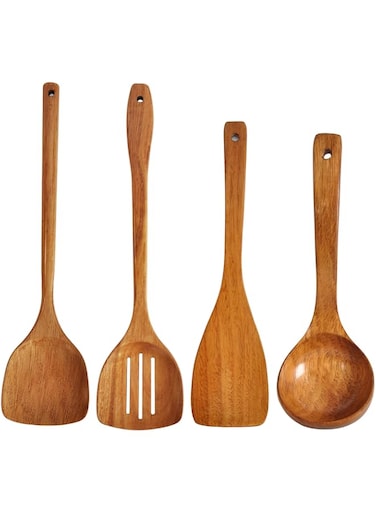 FJNATINH Wooden Spatula,Slotted Turner,Ladle Long Handle Utensils Set.Handmade for Kitchen Cookware (Utensil 4 Sets)