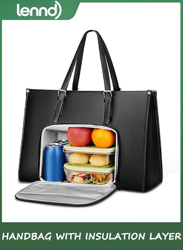 Laptop Tote Bag with Insulated Lunch Compartment, 15.6 Inch PU Leather Briefcase with Leakproof Lunch Box Pocket for Women, Convertible Lightweight Computer Work Bag Handbag for Office