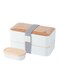 Bento Tek 40.5 Ounces Stackable Lunch Box, 1 Reusable Adult Lunch Container - With Utensils, Included Sauce Cup, Wood Grain &amp; White Plastic Layered Lunch Box, Microwavable, Dishwashable