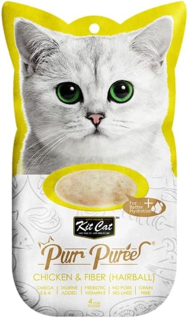 Kit Cat Purr Puree Chicken &amp; Fiber Hairball Wet Cat Treat Tubes 4x15g