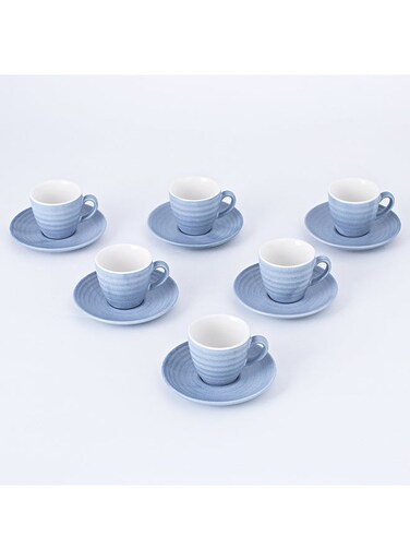12-Piece Kiln Variable Glaze Process Round Linear Ceramic Cup And Saucer Set Blue/White 11x9x6.5cm