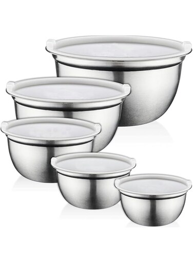 MARKQ Mixing Bowls with Airtight Plastic Lids, 5 Stainless Steel Salad Bowls for Baking Cooking Space Saving Storage Food Prep