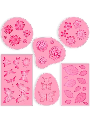 Fondant Silicone Molds Set, 6 Pack Non Stick Silicone Molds For Cake Decorating, Mini Butterfly, Flower, Leaves, Rose Silicone Molds For Cake Decorating, Making Chocolate Aking Mold Set
