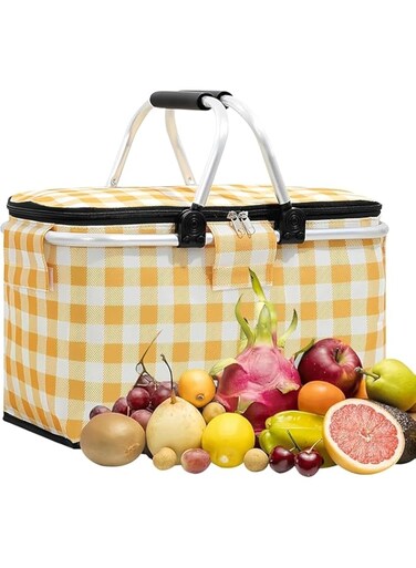 AoMige Insulated Picnic Basket 30L, Large Capacity Aluminum Film Multilayer Composite Material Leakproof Foldable Picnic Basket for Outdoor Picnics, Travel