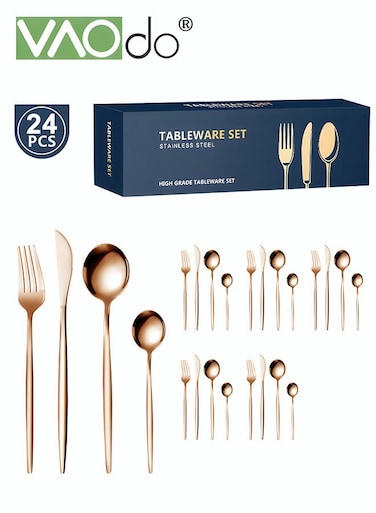 24PCS Stainless Steel Cutlery Set Silverware Set Service 6 With Steak Knife Mirror Polished Tableware Set Silverware Rose Gold