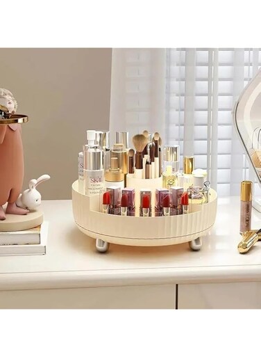 Generic 360 Rotating Tray Kitchen Storage Containers for Spice Jar Snack Food Tray Bathroom Storage Box Non Slip Cosmetics Organizer (Beige), S0004